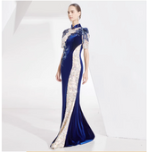 velvet qipao dress with sequin contrast and floral appliqué - JIN